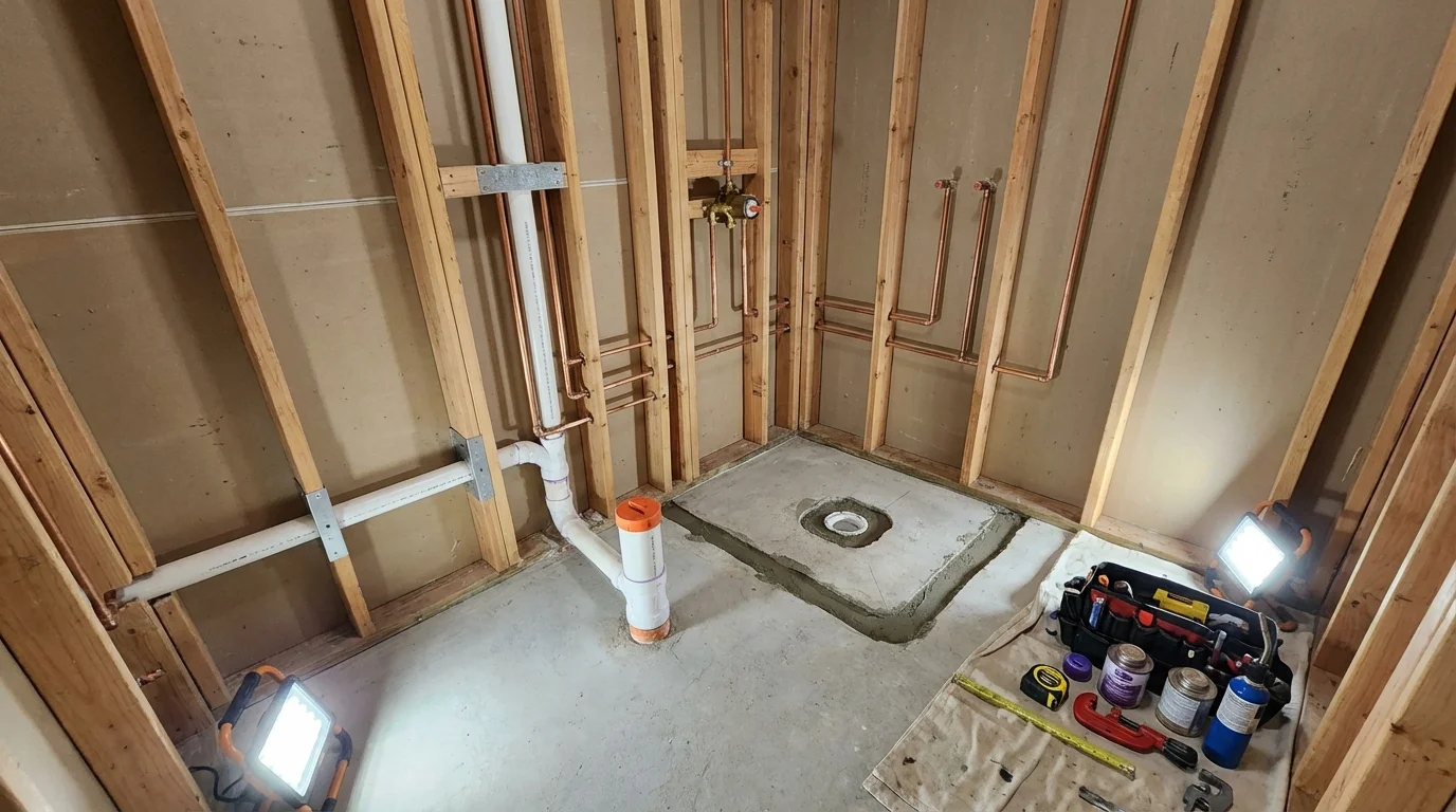 Bathroom rough-in plumbing during remodel by Johns Plumbing LLC in Watsonville