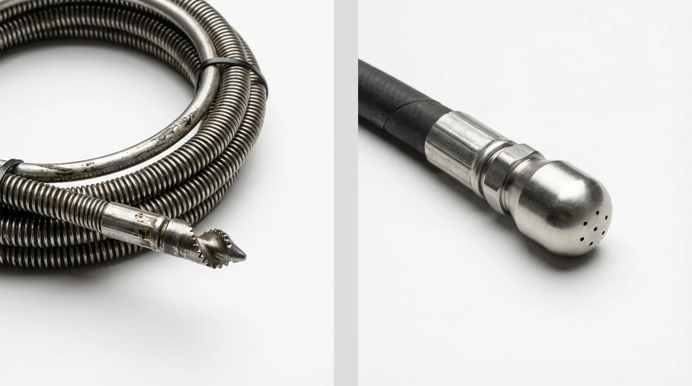 Drain snake cable and hydro jetting nozzle used for drain cleaning in Watsonville, CA