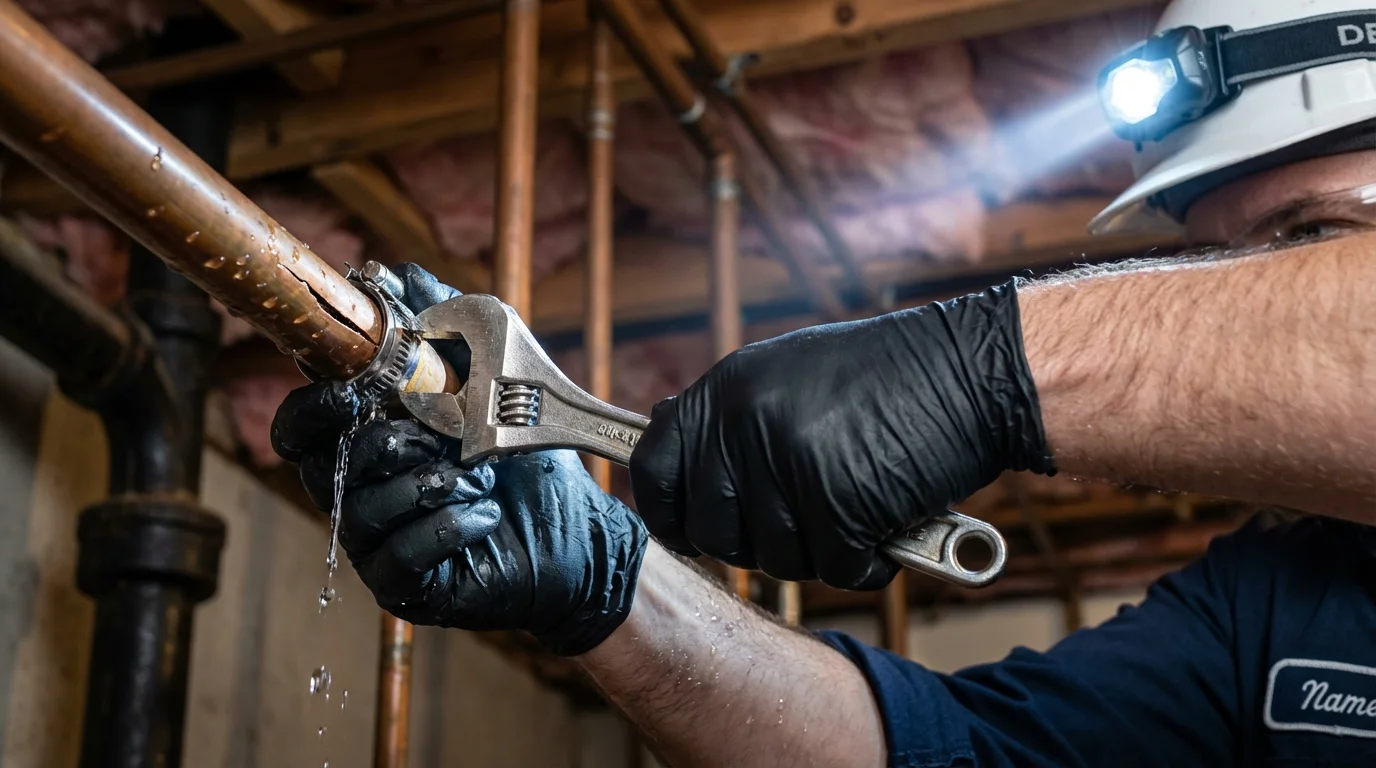 Emergency pipe clamp repair being performed by a Johns Plumbing LLC plumber in Watsonville