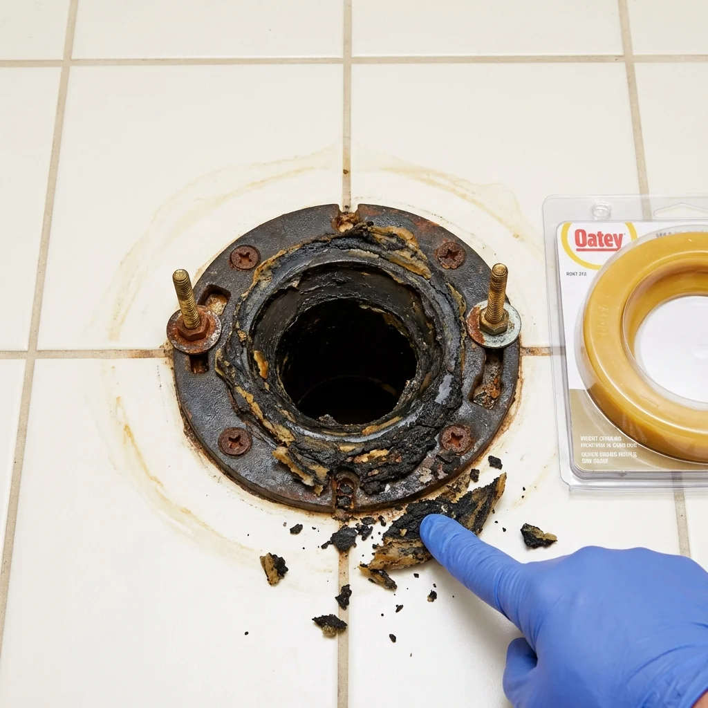 Failed wax ring showing water seepage at the base of a toilet in a Watsonville, CA home