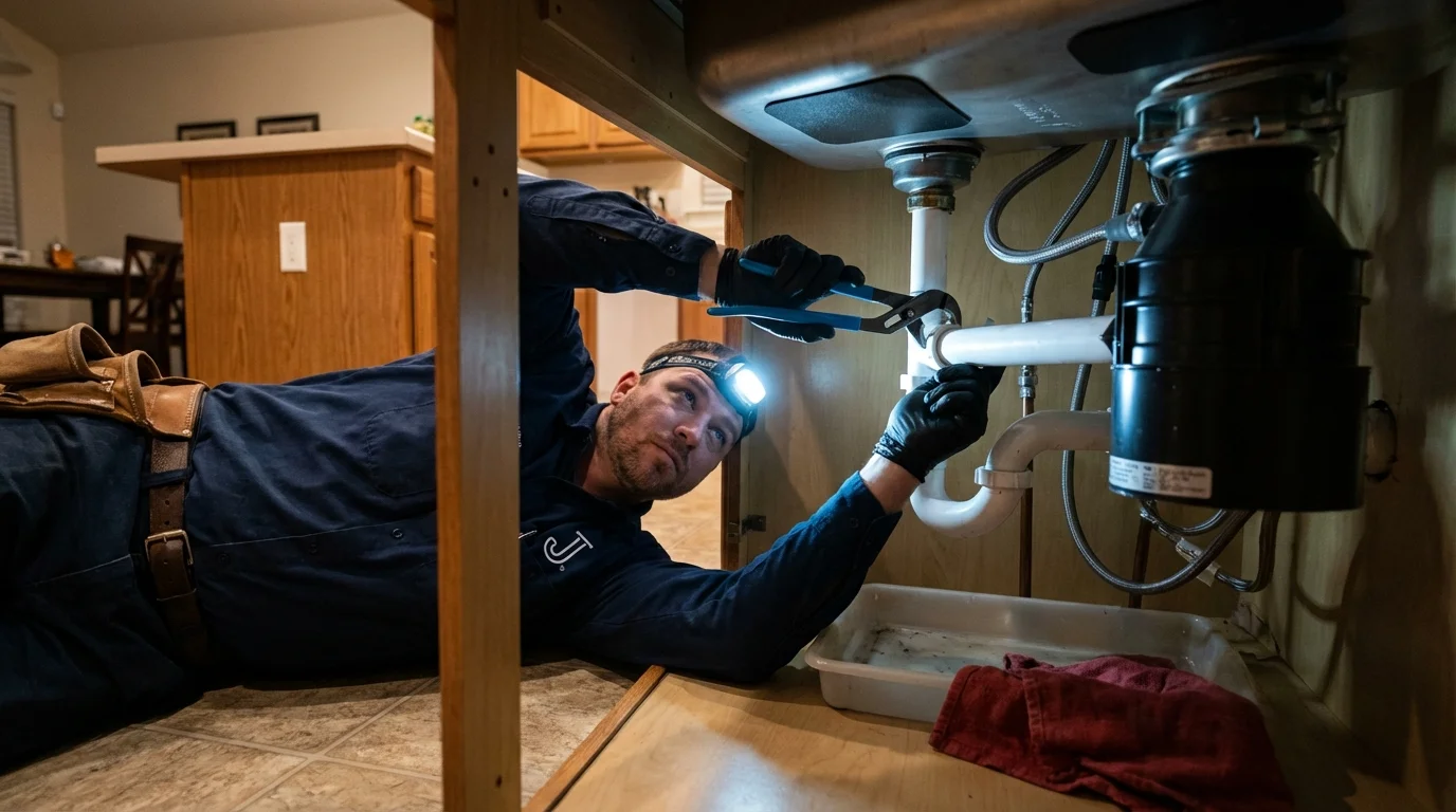 P-trap and supply line connections under a kitchen sink showing a common leak point in Watsonville, CA